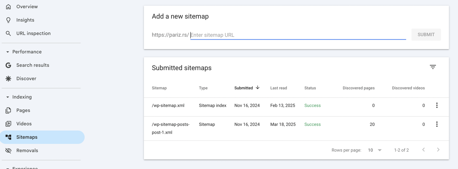 Podnošenje XML sitemap-e u Google Search Console — Indexing → Sitemaps meni